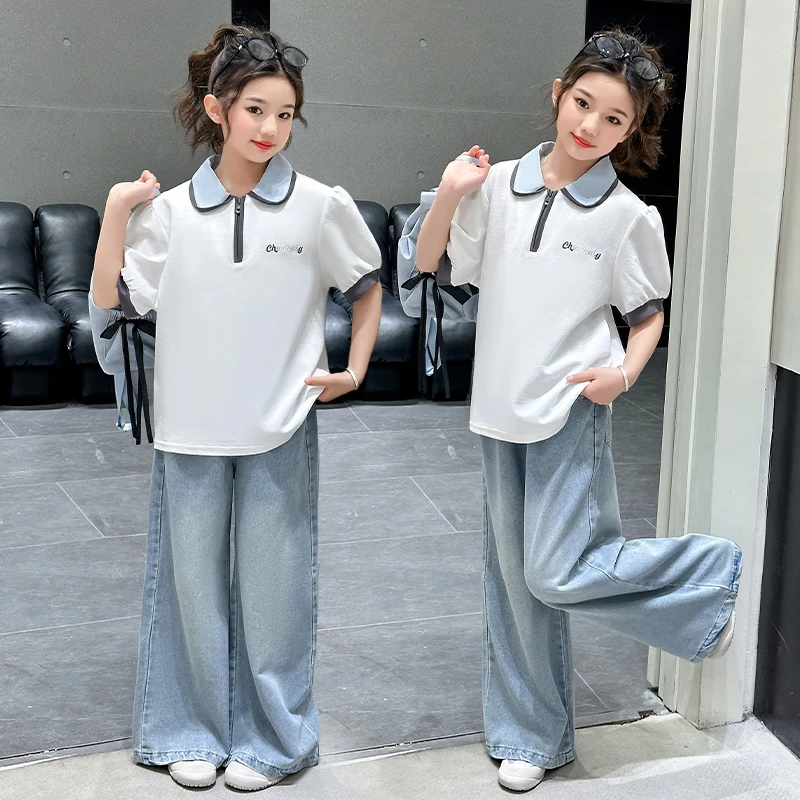 女童时尚休闲儿童夏季POLO衫牛仔裤套装2025新款中大童5-12岁15岁