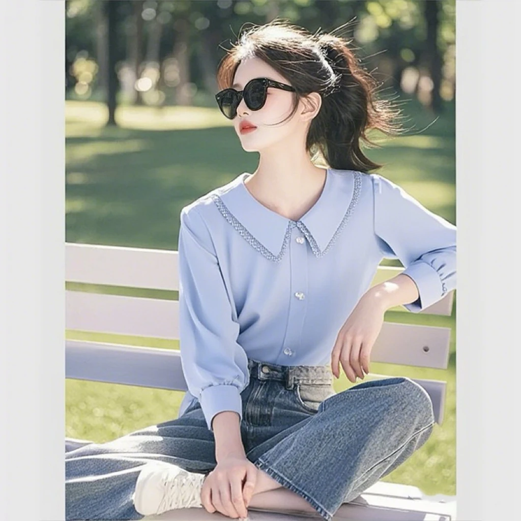 SS2056浅蓝色衬衫女洋气娃娃领法式钉珠蕾丝衬衣长袖雪纺衫上衣