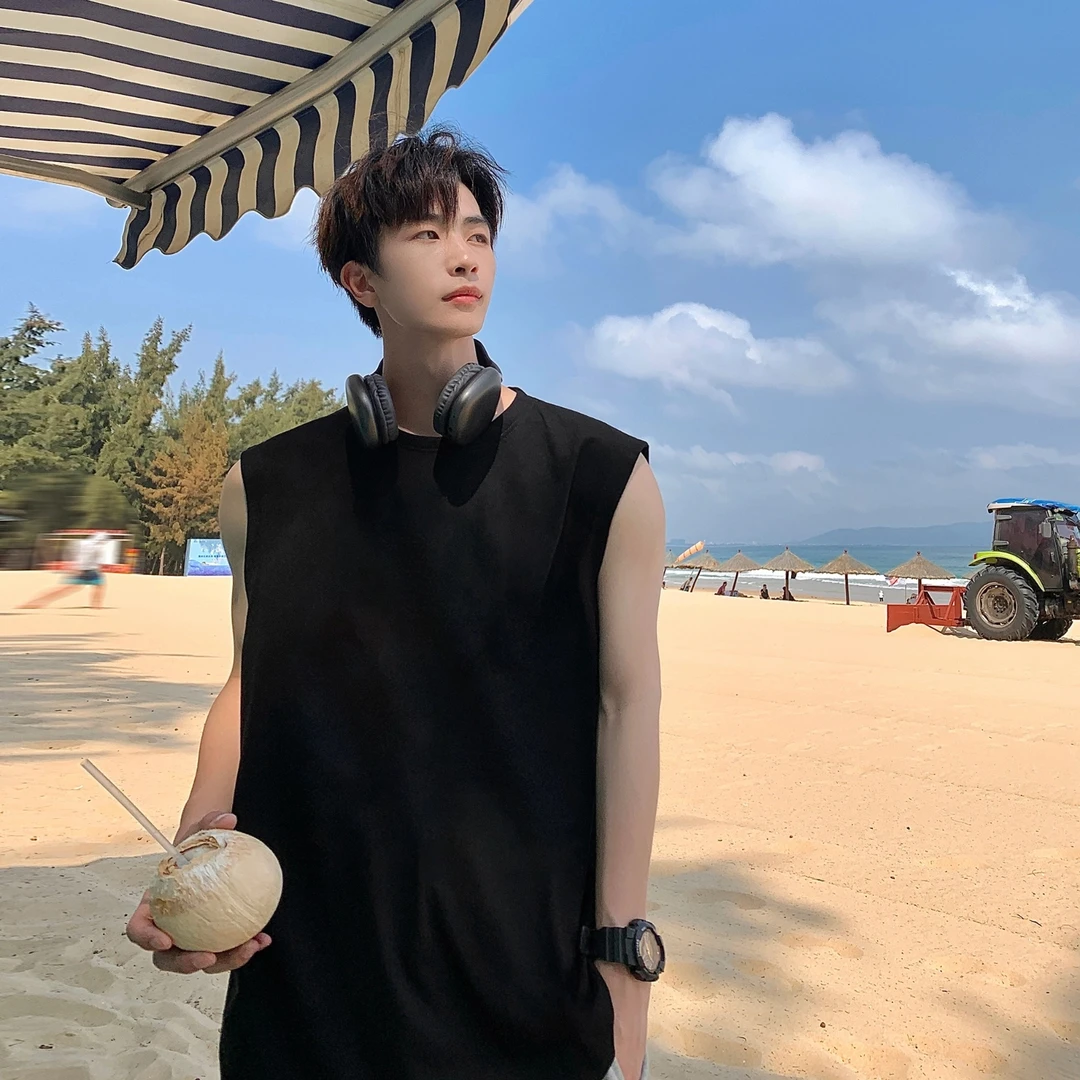 纯色背心男夏季青少年基础款宽松港风无袖t恤衫大码休闲打底衫ins