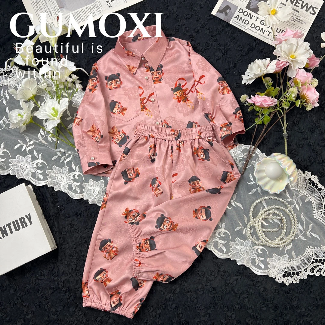 春季新款轻奢甜美粉色卡通休闲哪吒女宝风时尚儿童套装