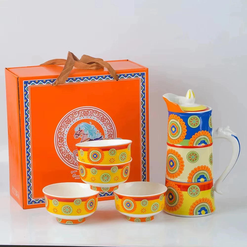 蒙古奶茶壶创意冷水壶陶瓷大容量水壶酸奶壶带盖民族特色图案礼品