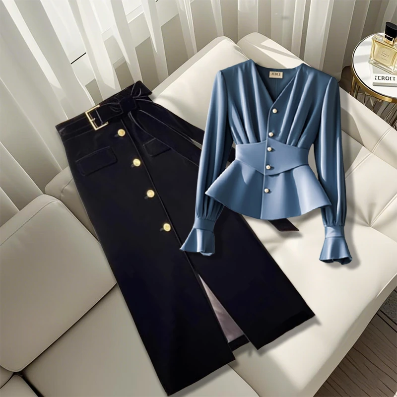轻奢洋气上衣早秋气质收腰蓝色长袖衬衫黑色开叉半身裙两件套装