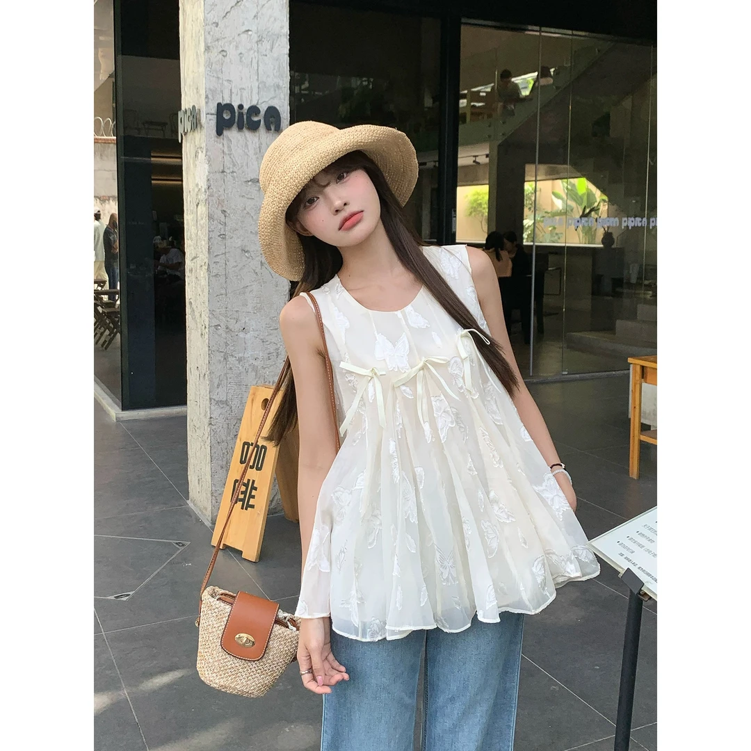 重工设计感网纱蝴蝶结无袖上衣女夏季新款甜美宽松娃娃衫