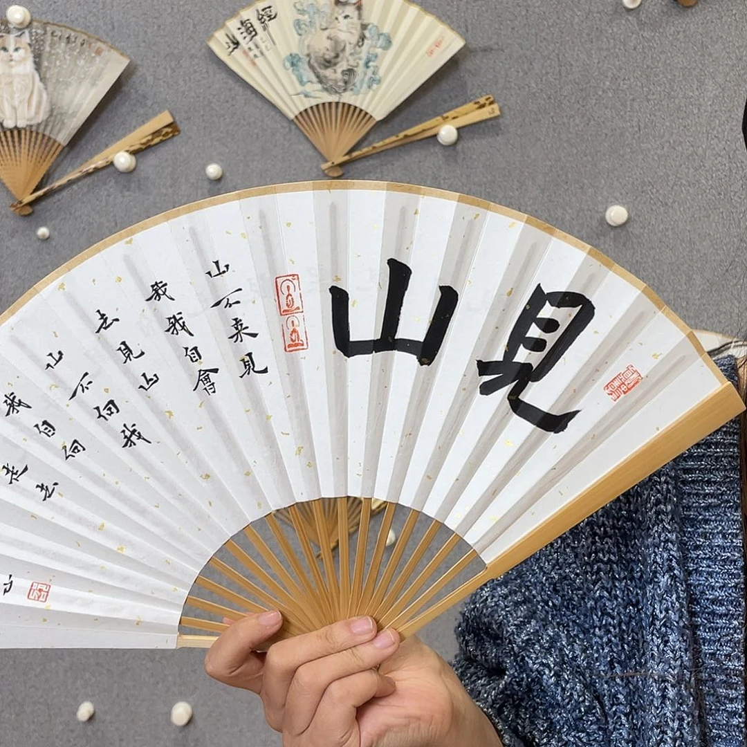 国画8寸玉竹-纯手绘-文玩扇骨（默认粘好）