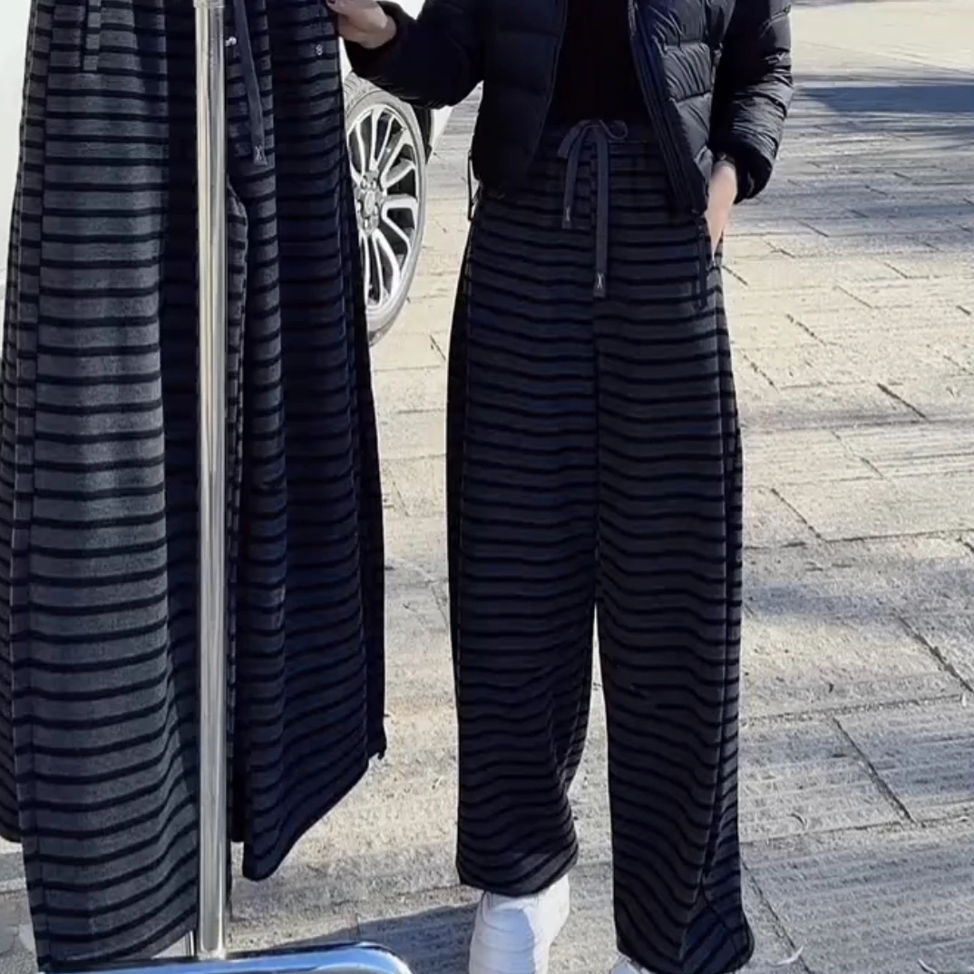 秋冬新款拼接条纹高腰加绒口袋阔腿休闲裤慵懒百搭