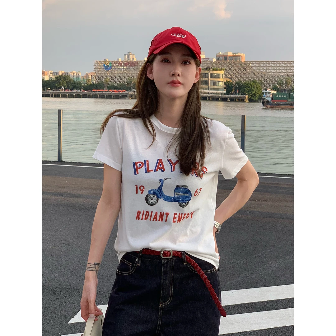 PH 《小摩托》夏季潮流复古时尚百搭做旧休闲印花短袖T PH2379