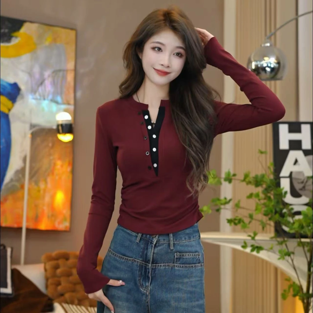 笑歌【半纽扣撞色抽褶收腰短款长袖上衣】新款百搭时尚