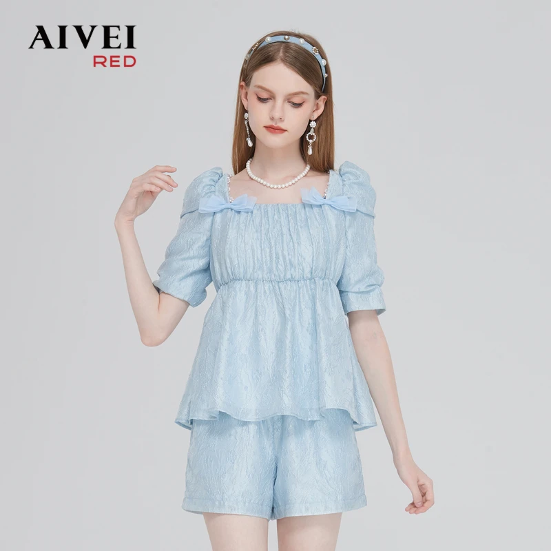 【贤哥专享】AIVEI艾薇减龄方领高腰娃娃衫短裤衬衫套装 Q0160145