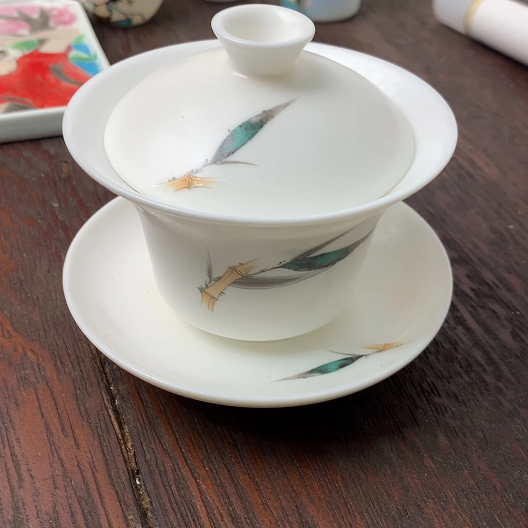 瓷撇口马蹄素烧三才盖碗