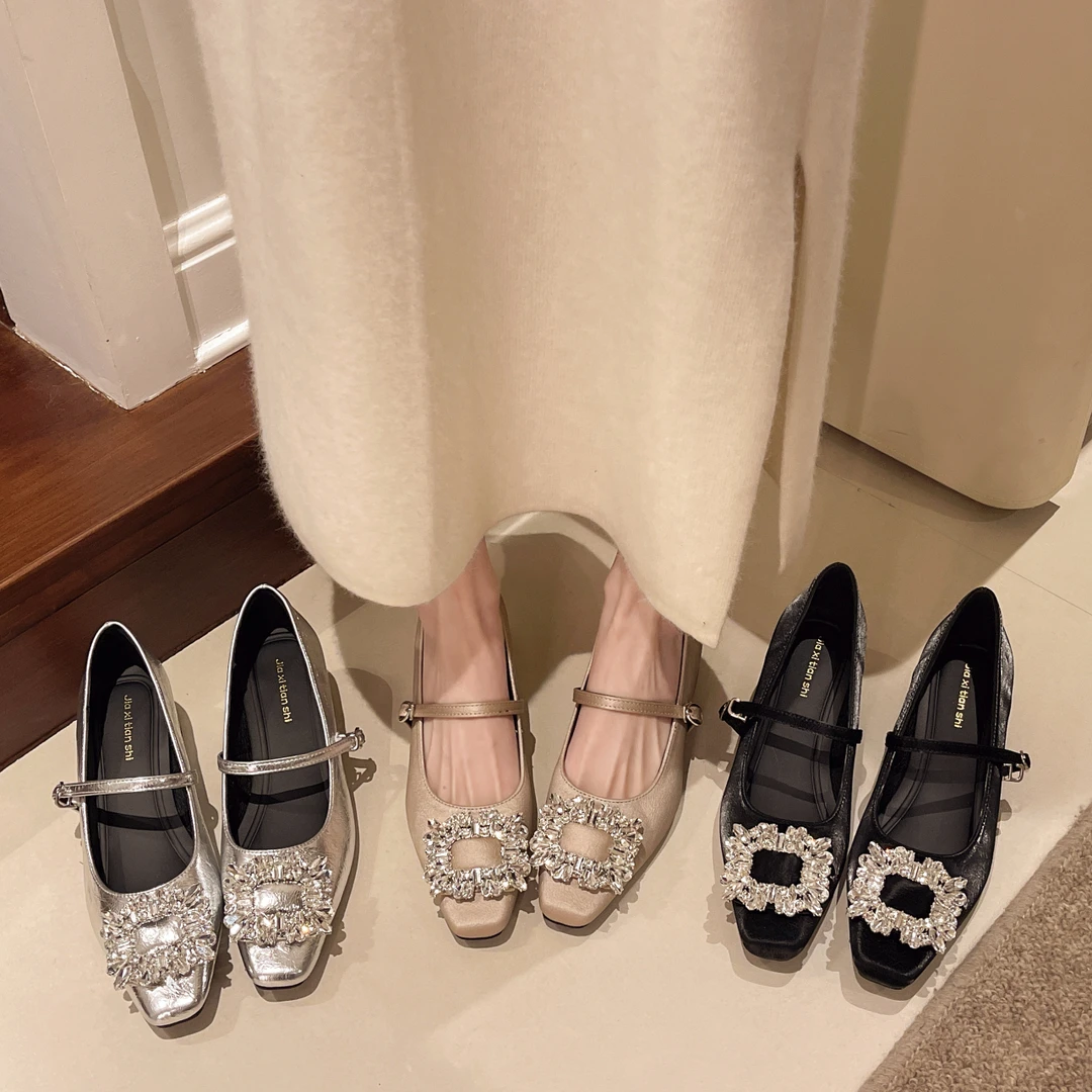 法式中高跟黑色方头水钻单鞋女鞋子2025新款春秋冬季玛丽珍晚晚鞋