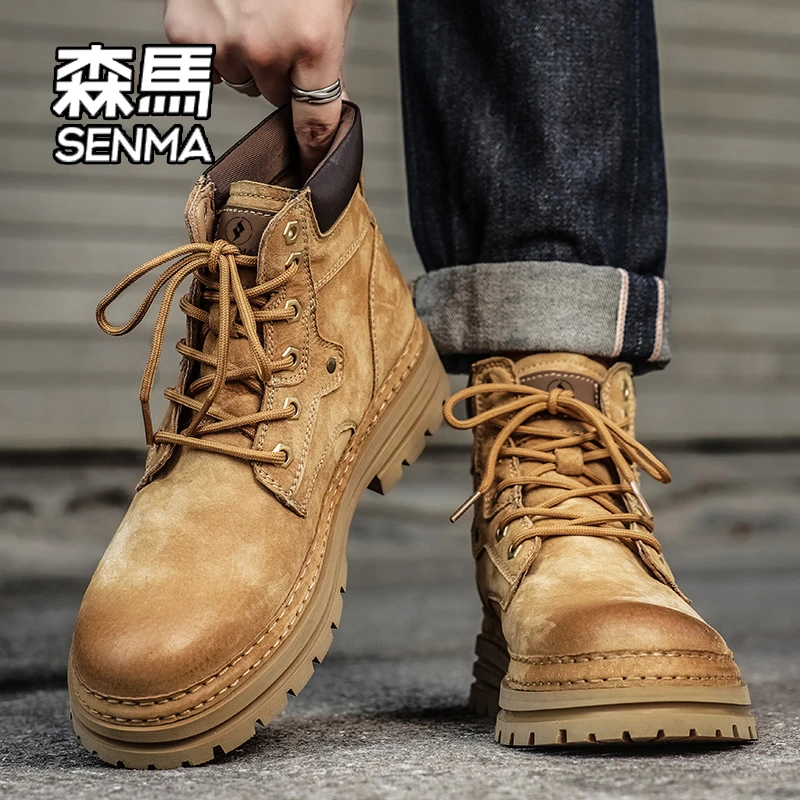 SENMA/森马马丁靴男款2025冬季加绒男鞋高帮男士工装靴机车皮靴潮