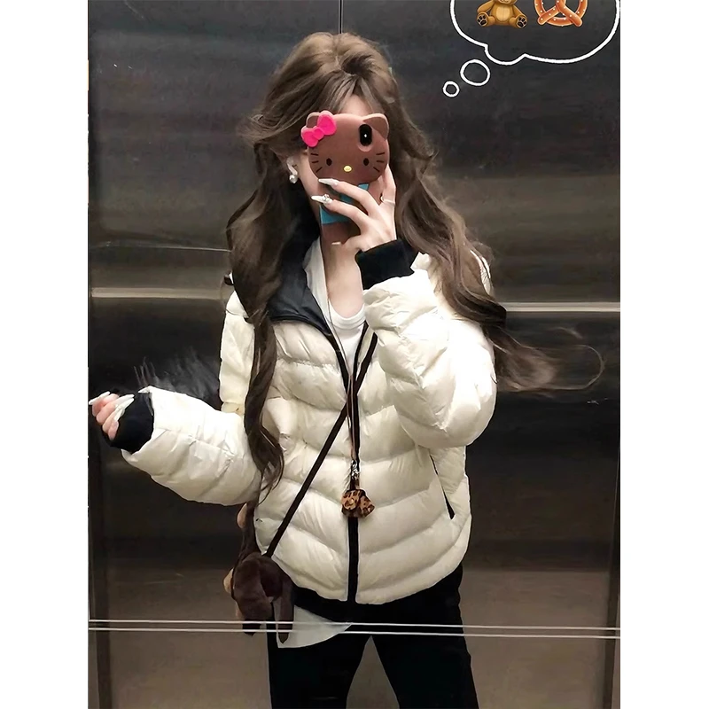 韩版时髦撞色拼接连帽棉服女冬季新款加厚保暖宽松面包服棉袄外套