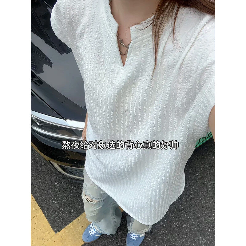 识恩美式坎肩背心男生夏季新款t恤宽松休闲肌理感潮牌v领无袖体恤