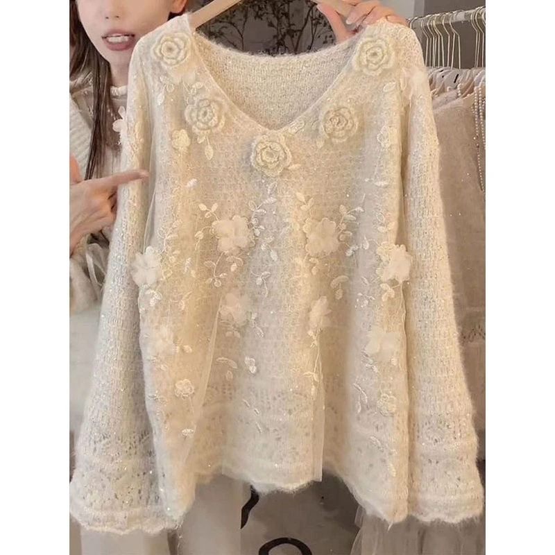 秋冬新款纯色小众温柔提花针织衫女设计师款慵懒显瘦针织上衣