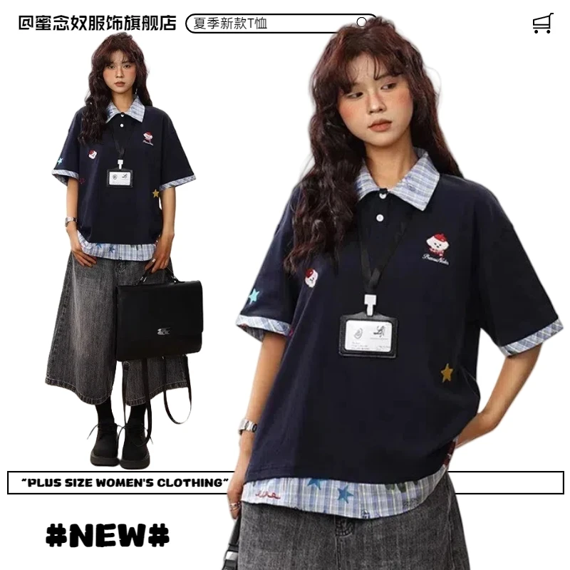 300斤大码女装美式复古刺绣短袖上衣女夏季学院风宽松假两件上衣