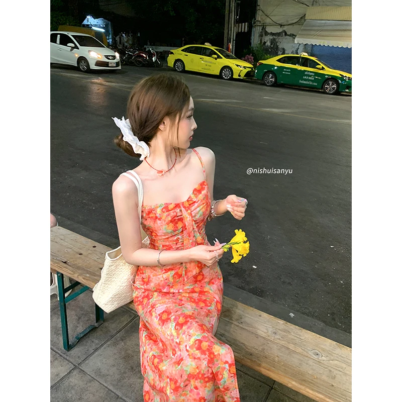 溺水三鱼【热带海岛】早春收腰印花开叉长短款吊带度假连衣裙两件套