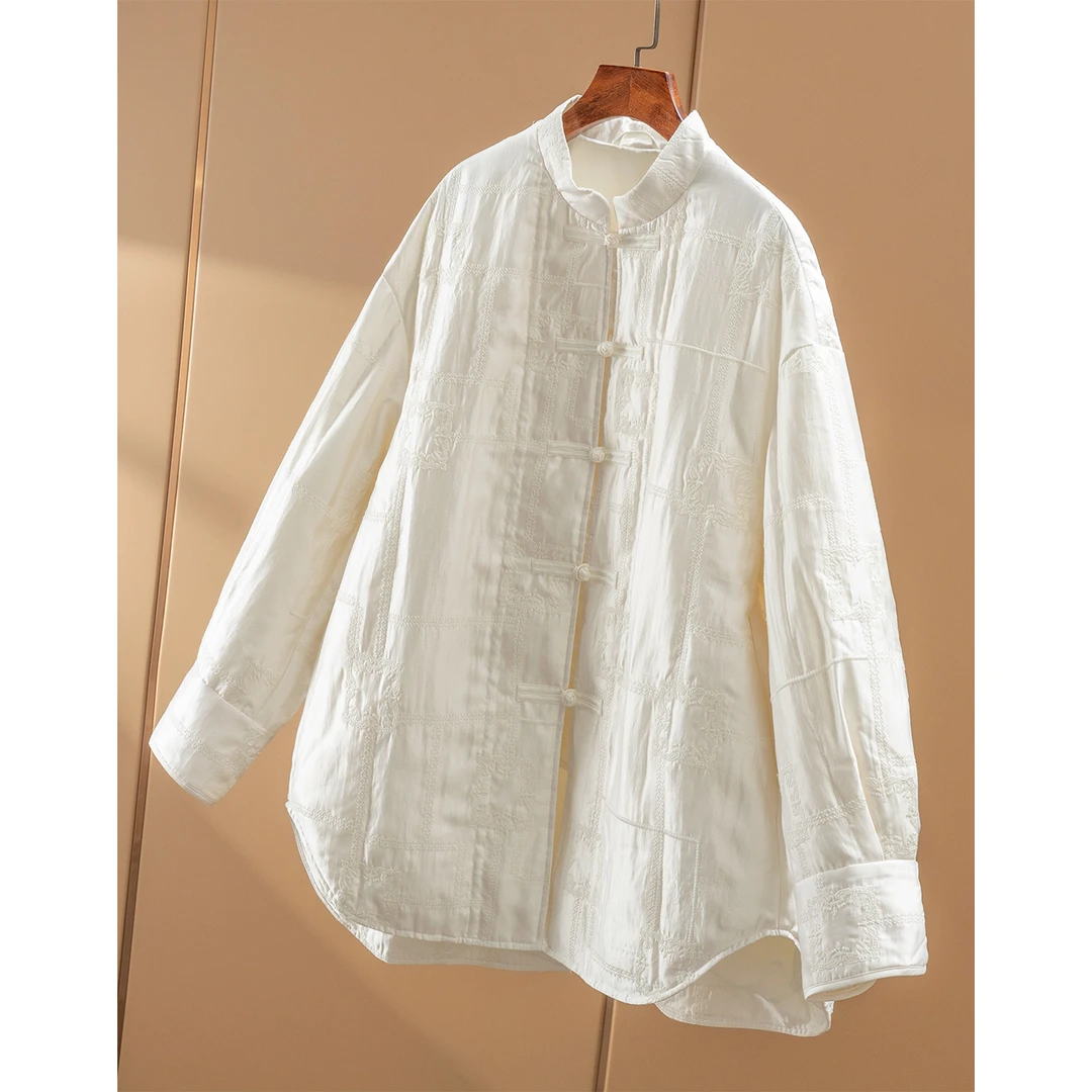 春天家 高定满绣 中式 含桑蚕丝90鹅绒立领衬衫女07J4