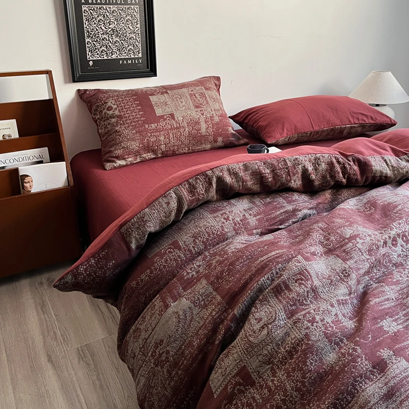 全棉加厚提花床上四件套 a类复古安哥拉红被套床单床品高级感结婚