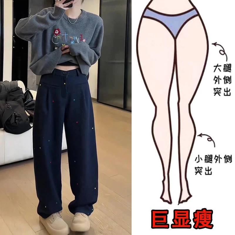 大码女装高腰加绒加厚刺绣休闲裤2024冬季新款梨形显瘦拖地阔腿裤