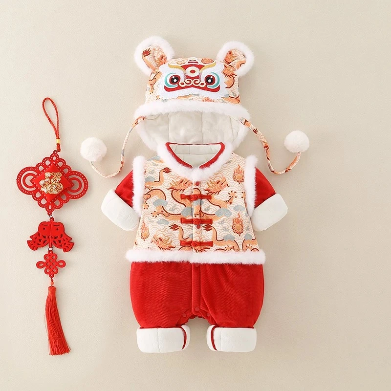 新生儿冬季衣服百天宝宝国风喜庆拜年服连体衣周岁礼哈衣婴儿棉衣
