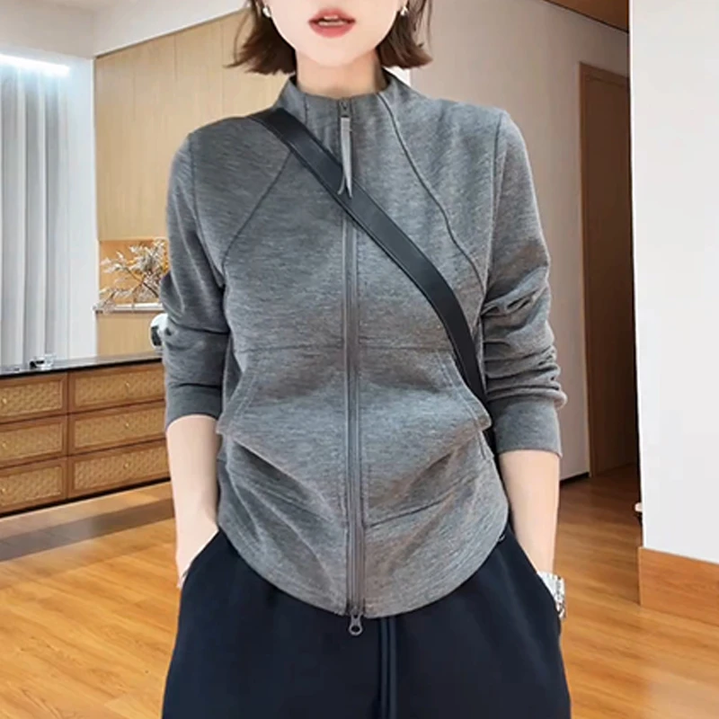 韩版时尚拼接立领纯色外套女2025秋季新款休闲设计感洋气百搭上衣