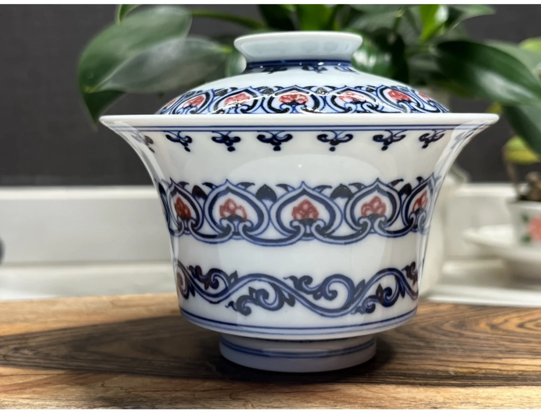 青花釉里红宝相花纯手工手绘盖碗，容量120