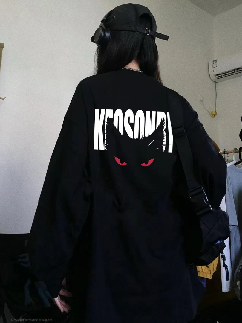 美式高街黑色纯棉长袖T恤女秋季印花新款设计感小众宽松早秋上衣