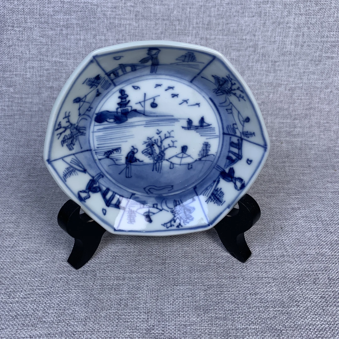 清代青花人物山水楼阁盘古瓷器真品国营镇江市文物商店3068102