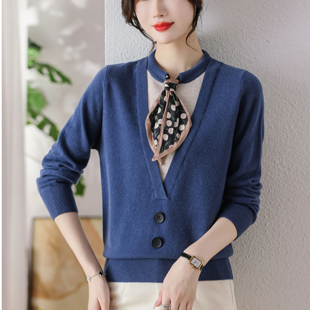 黛妍841冬季新款100%羊毛气质百搭女款假两件圆领丝巾领结上衣