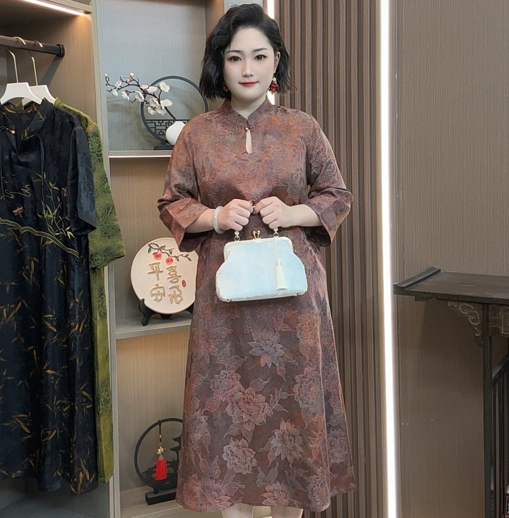 【秋声】2025新款高端重磅夏季时尚中国风印花遮肉显瘦改良连衣裙
