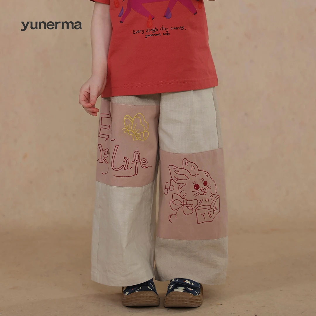 允儿妈女童夏季新款拼色刺绣阔腿裤宝宝洋气休闲裤儿童防蚊裤长裤