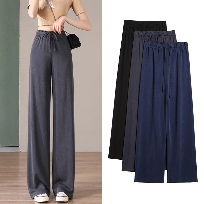铜氨丝阔腿裤女2025年夏季新款高腰垂感宽松显瘦冰丝休闲加长裤子