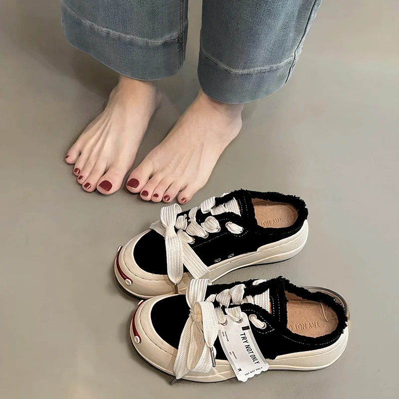 檀健次同款厚底开口笑帆布鞋女款夏季透气时尚增高运动乞丐半拖鞋