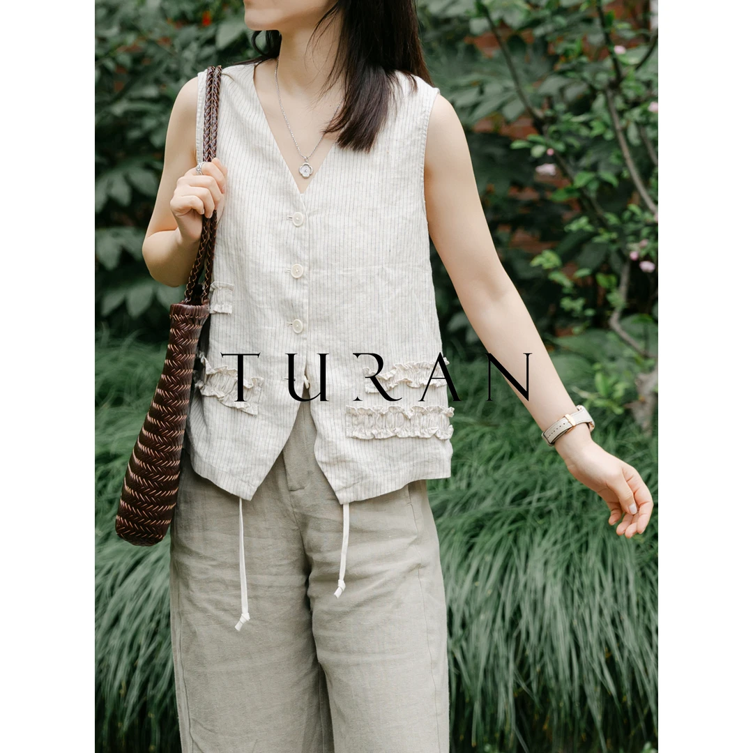 云裳汉麻色织立体抽褶条纹背心马甲日式简约时尚设计感TRZY0995