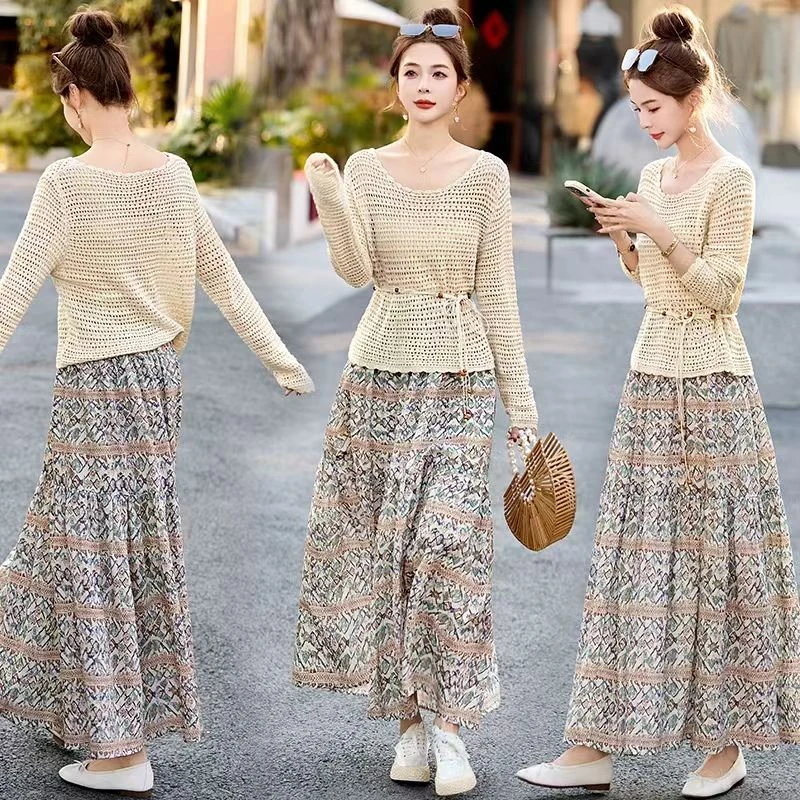 高级感镂空针织衫时尚套装女夏季宽松洋气半身裙两件套HJ-1740