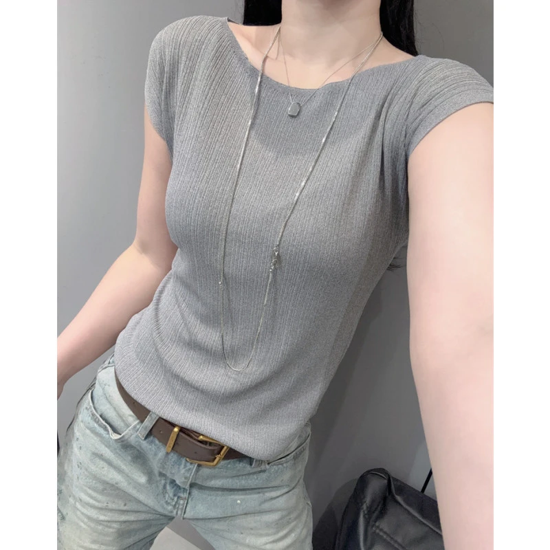 大圆领短袖女冰丝针织衫高级感洋气百搭简约修身小衫半袖上衣夏季