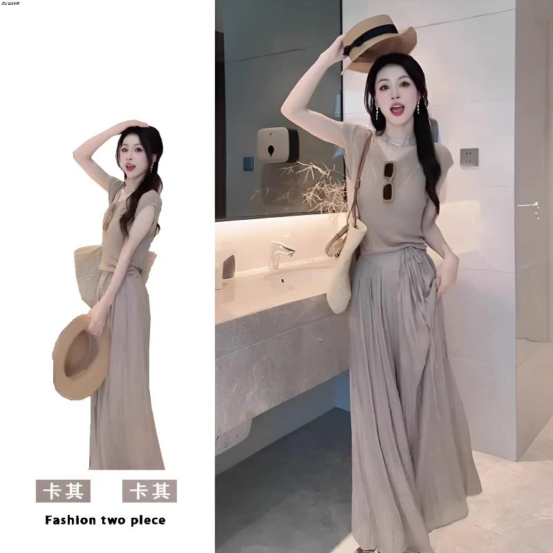 法式时尚套装2025夏季新款轻熟上衣阔腿裙裤收腰减龄显瘦两件套女