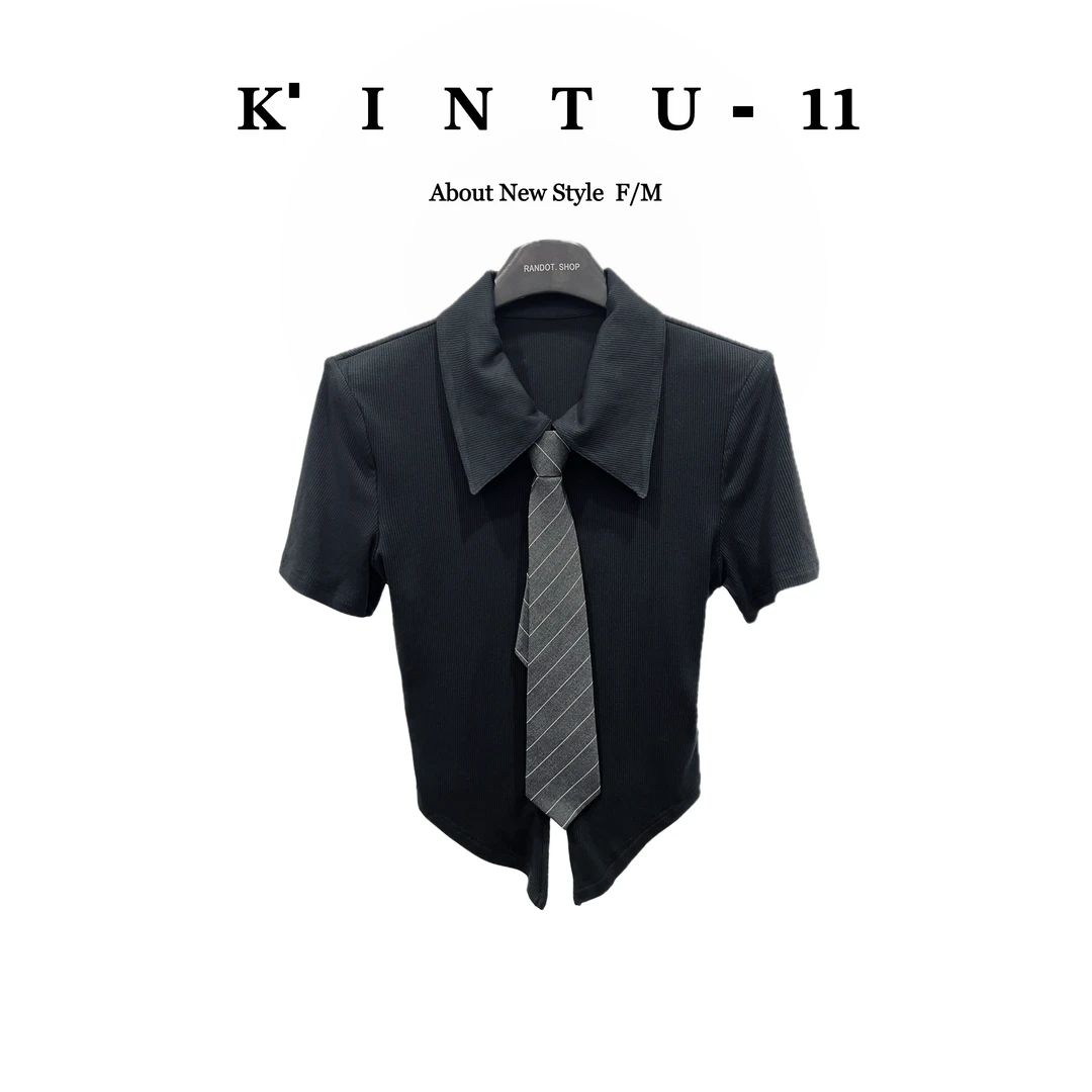 【K-11】原创设计翻领开衫螺纹短袖开衫T恤配领带52033