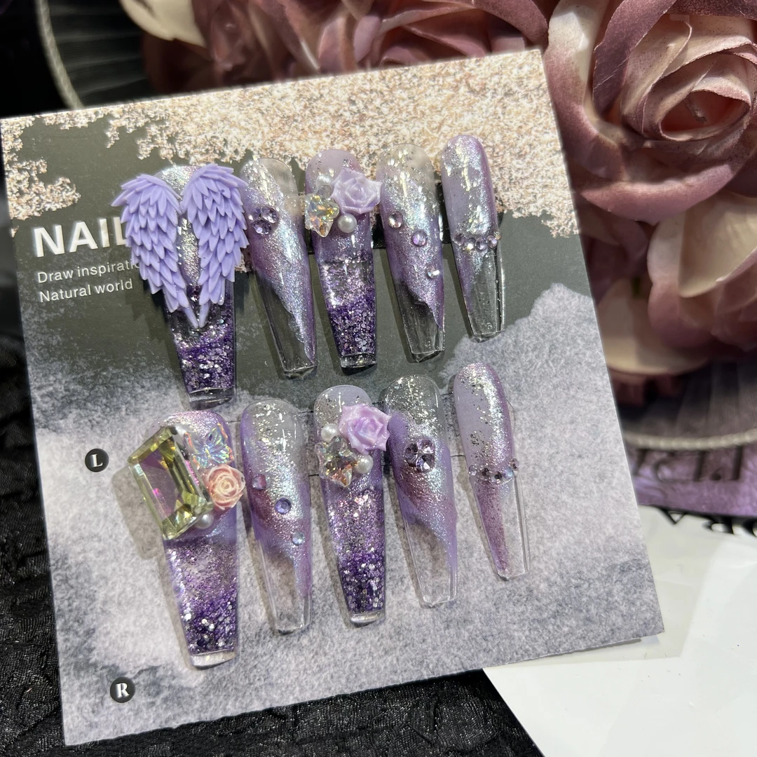 【紫灵羽翼】纯手绘高级定制手绘雕花纯手工穿戴甲春季新款显白