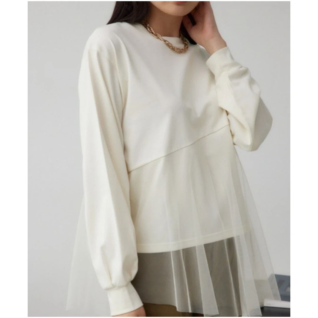 【六哥家】 Z 秋季新款 时尚百搭圆领纯色拼接纱长袖上衣