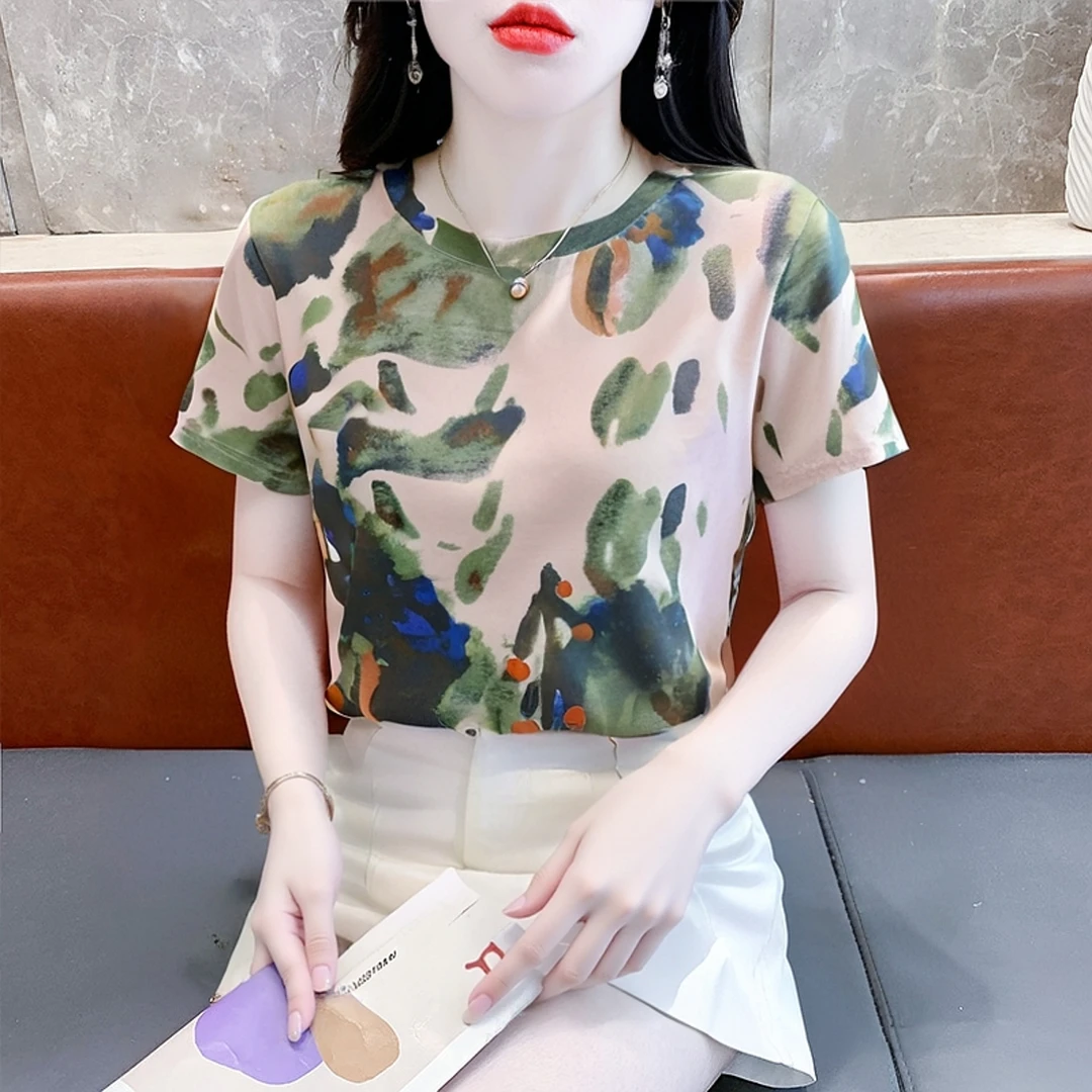 夏季时尚显瘦T恤女2025新款圆领百搭体恤晕染洋气减龄短袖上衣ins