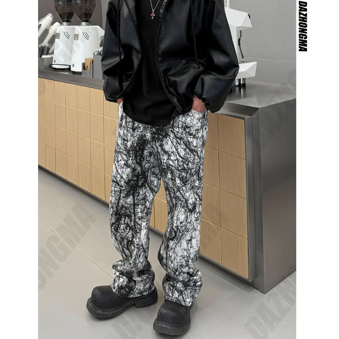 【大重码】美式印花搭设计款纹理牛仔裤韩版灰色高级感牛仔休闲裤男