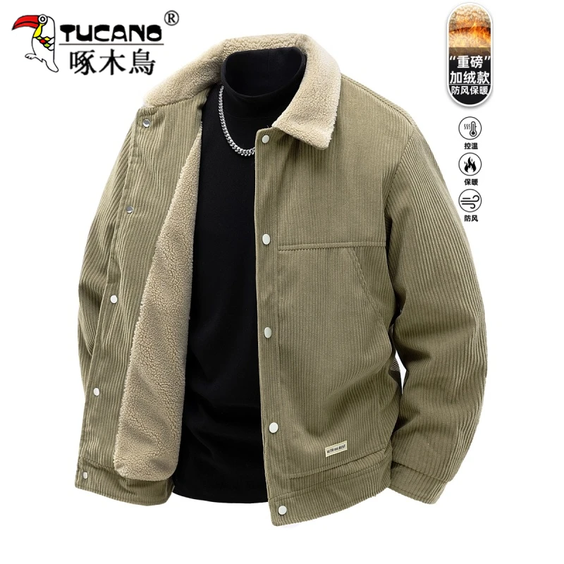 TUCANO/啄木鳥男士加绒加厚翻领羊羔绒夹克保暖冬季灯芯绒厚衣服