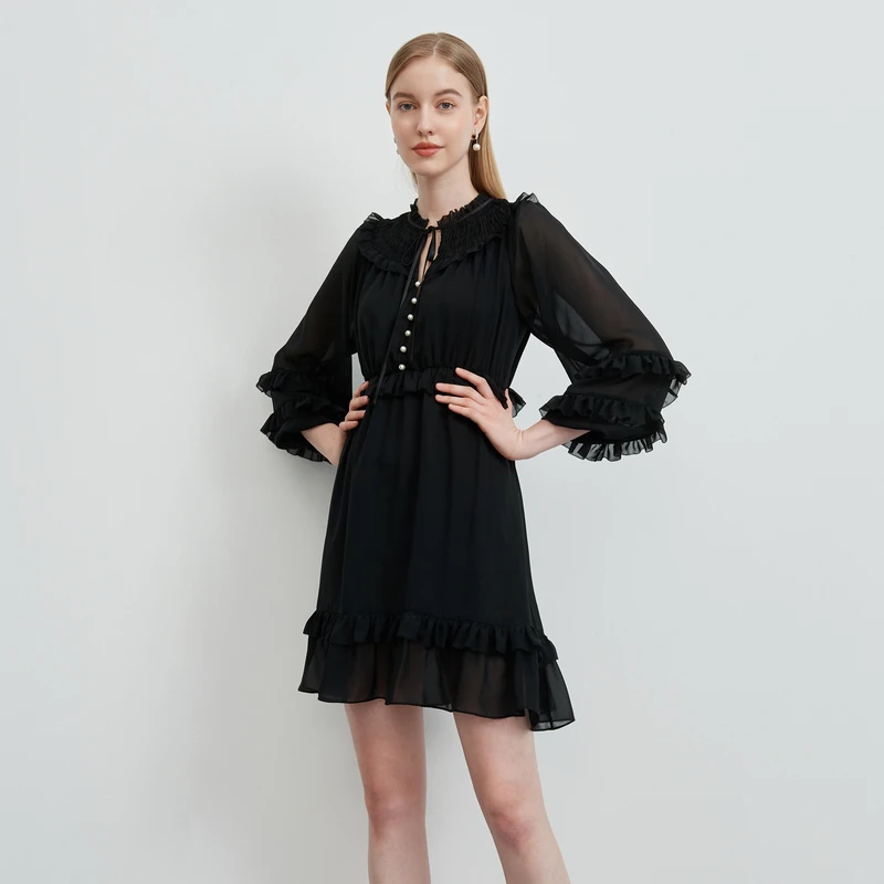 【赵老板专属】恩曼琳春季新品丝带压褶花边连衣裙小黑裙女EANCAH41