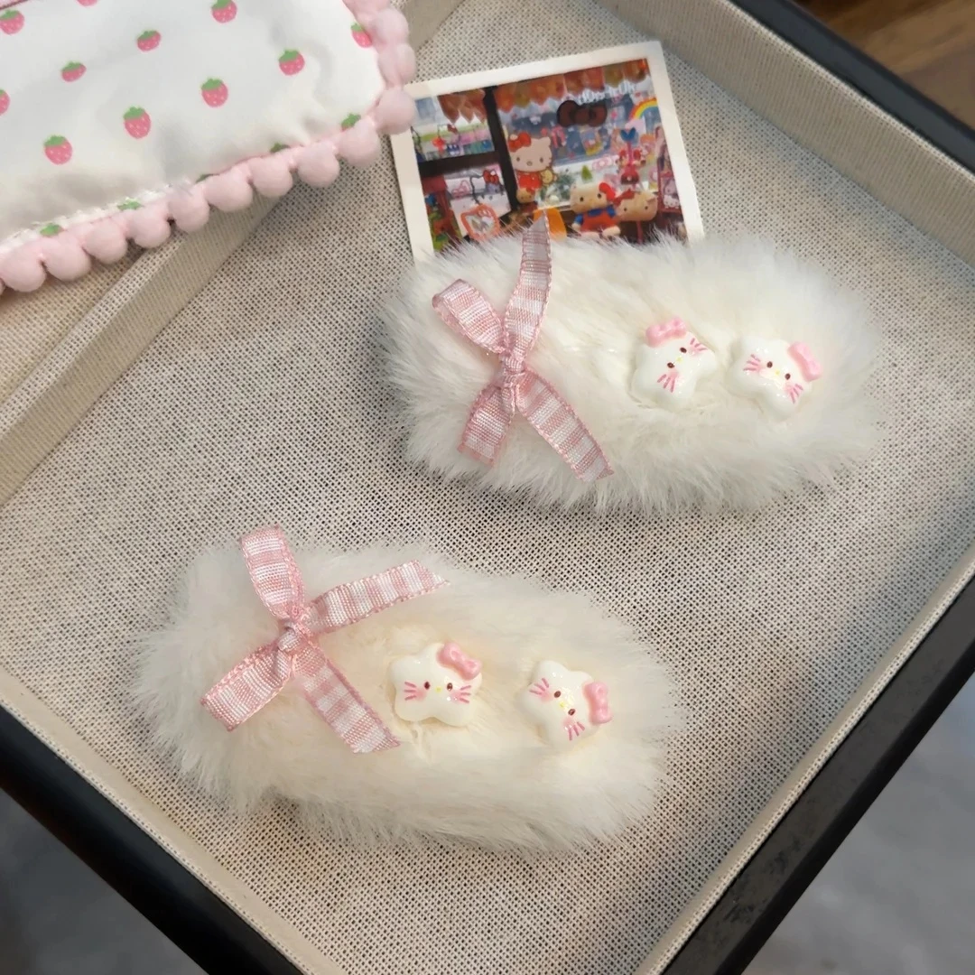 秋冬新款白色猫咪星星毛绒椭圆bb夹发夹卡通可爱女孩侧边刘海夹子