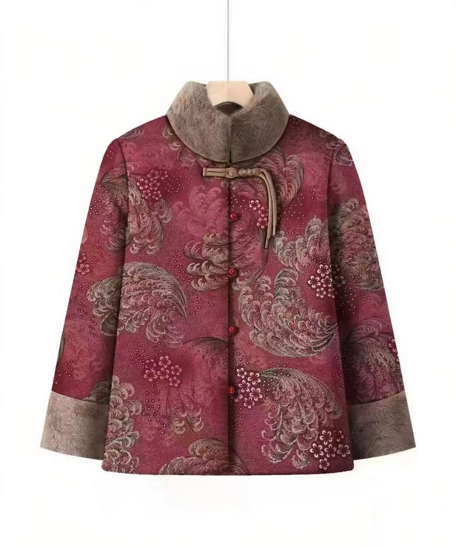 常规款口袋妈妈装刺绣中老年女装中式盘扣提花加厚气质复古国风