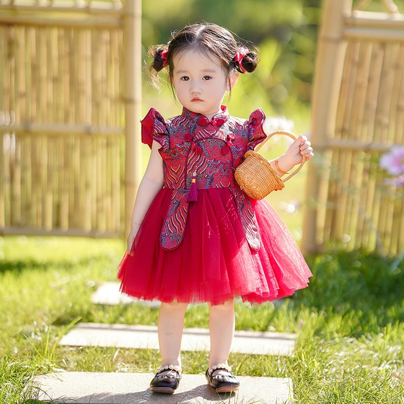 女宝宝周岁礼服2025夏装新中式国风红色婴幼儿童生日宴抓周公主裙
