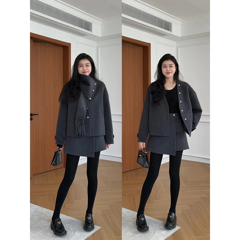 张阿星【伦敦雾灰】可拆卸围巾质感宽松大衣+秋冬百搭高腰毛呢裙裤