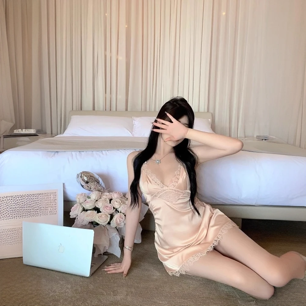 性感睡衣女夏季冰丝吊带睡裙套装薄款蕾丝边家居服睡袍Q156