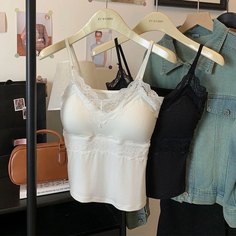 【主播内搭 有运补】辣妹白色V领蕾丝吊带背心带胸垫美背上衣